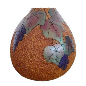 Large Artisan Crafted Gourd Vase Container Nature Grapes Motif Grape Leaf Theme